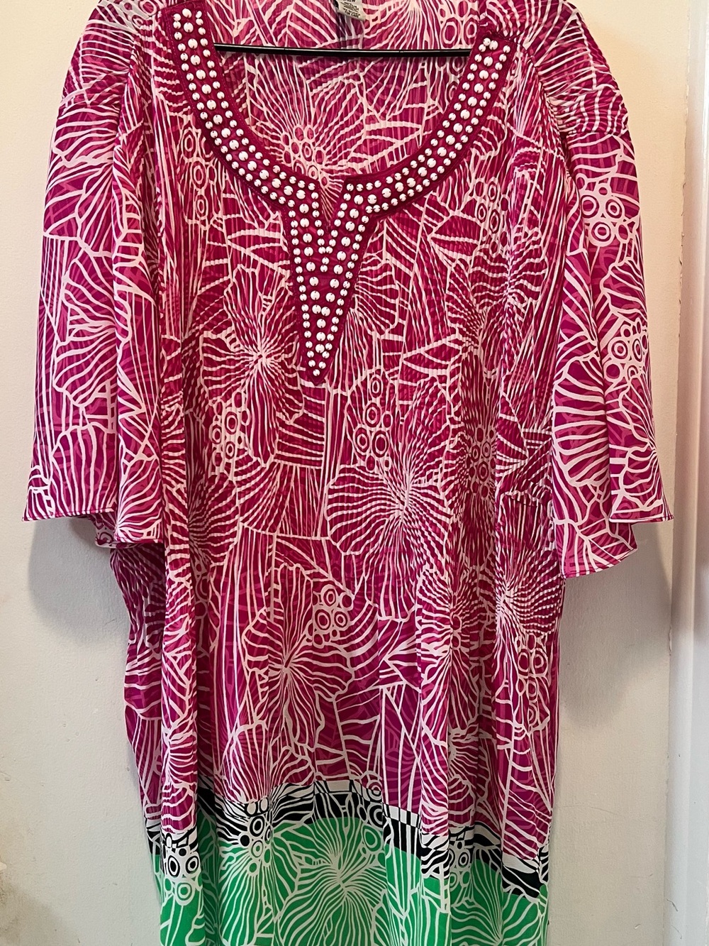 Catherines Pink White Floral Studded Tunic with Green Hem